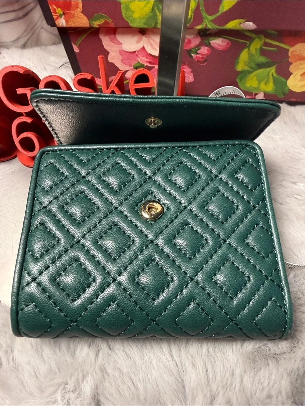 Tory Burch Emerald Green Quilted Leather Mini Wallet